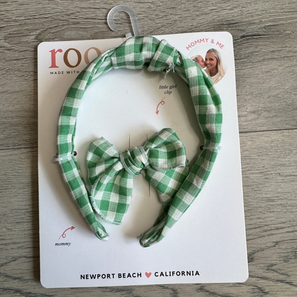 Roo Mommy & Me Green Gingham Knotted Headband and Little Girl‎ Bow Clip Set NWT